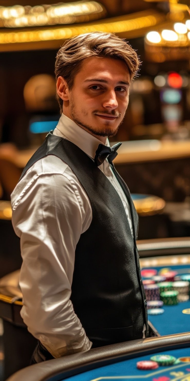 Antarmuka Dream Gaming di aplikasi indobola menampilkan dealer langsung bermain baccarat